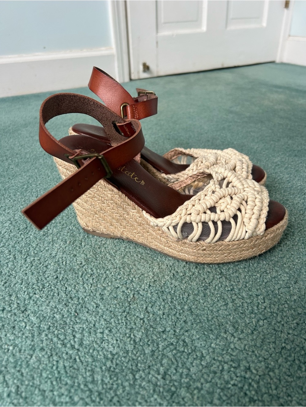 Altar'd State Cream Macrame Espadrille Wedges with Brown Ankle Straps